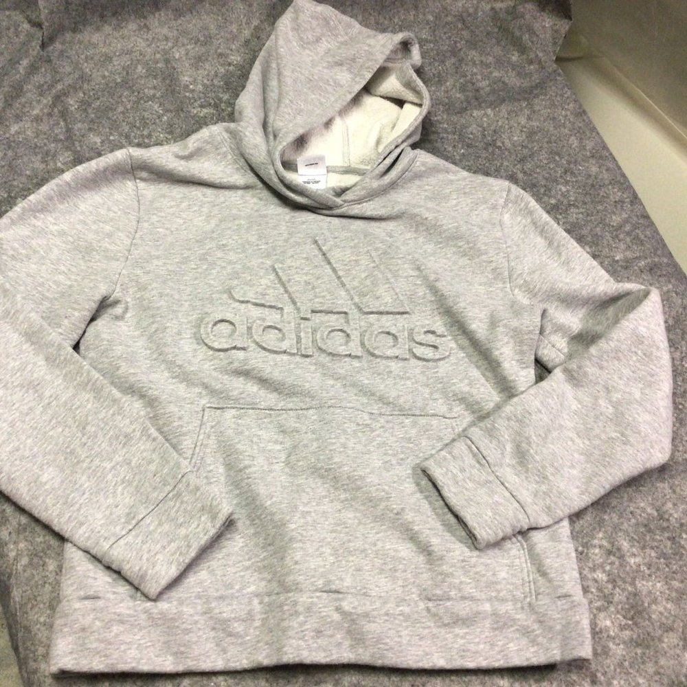 Adidas Hoodie Sweater Long Sleeves Grey Embossed 3D Logo Youth Unisex Large